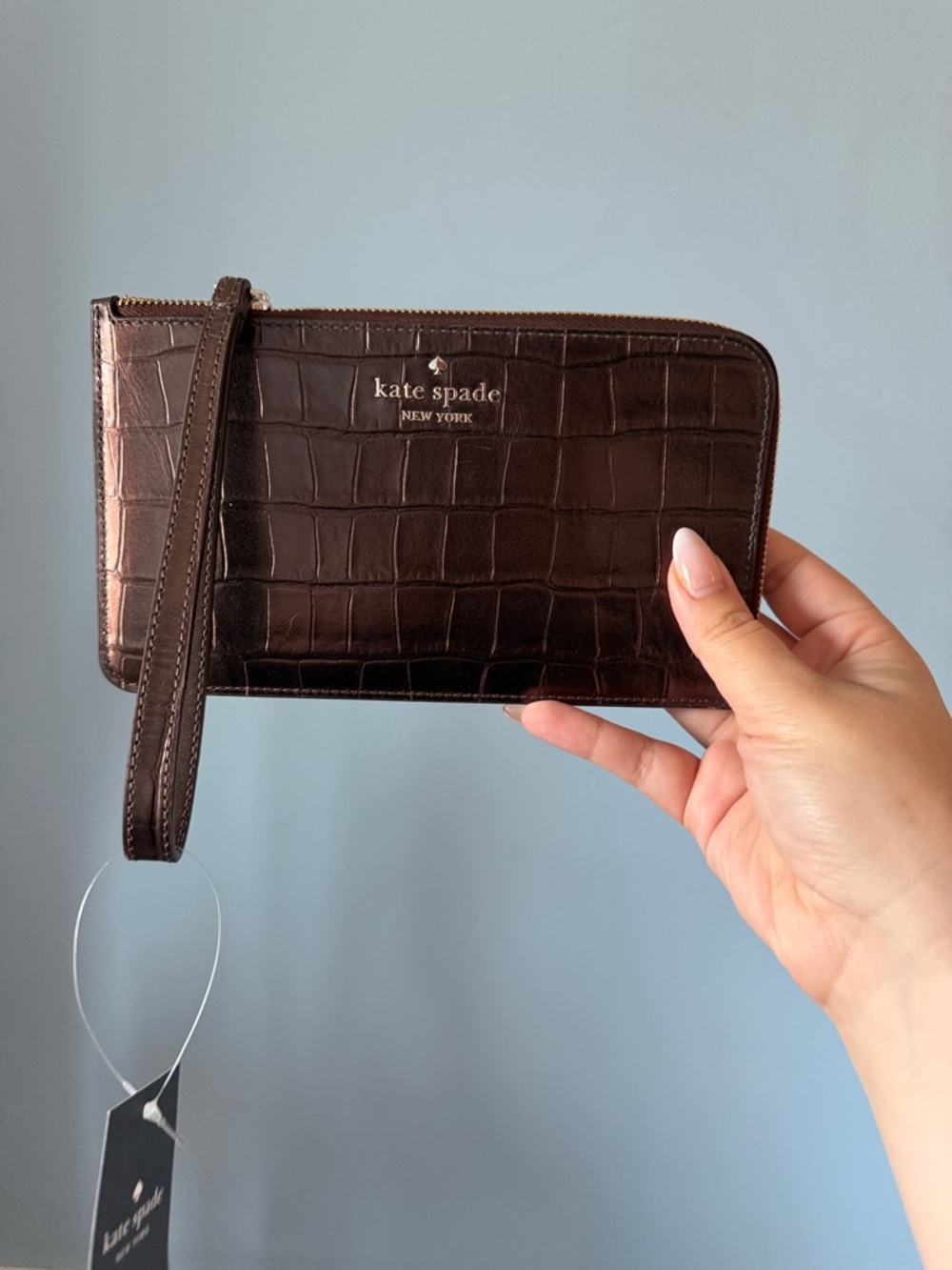 kate spade Croc-Embossed Wristlet in Dark Brown with Gold Logo